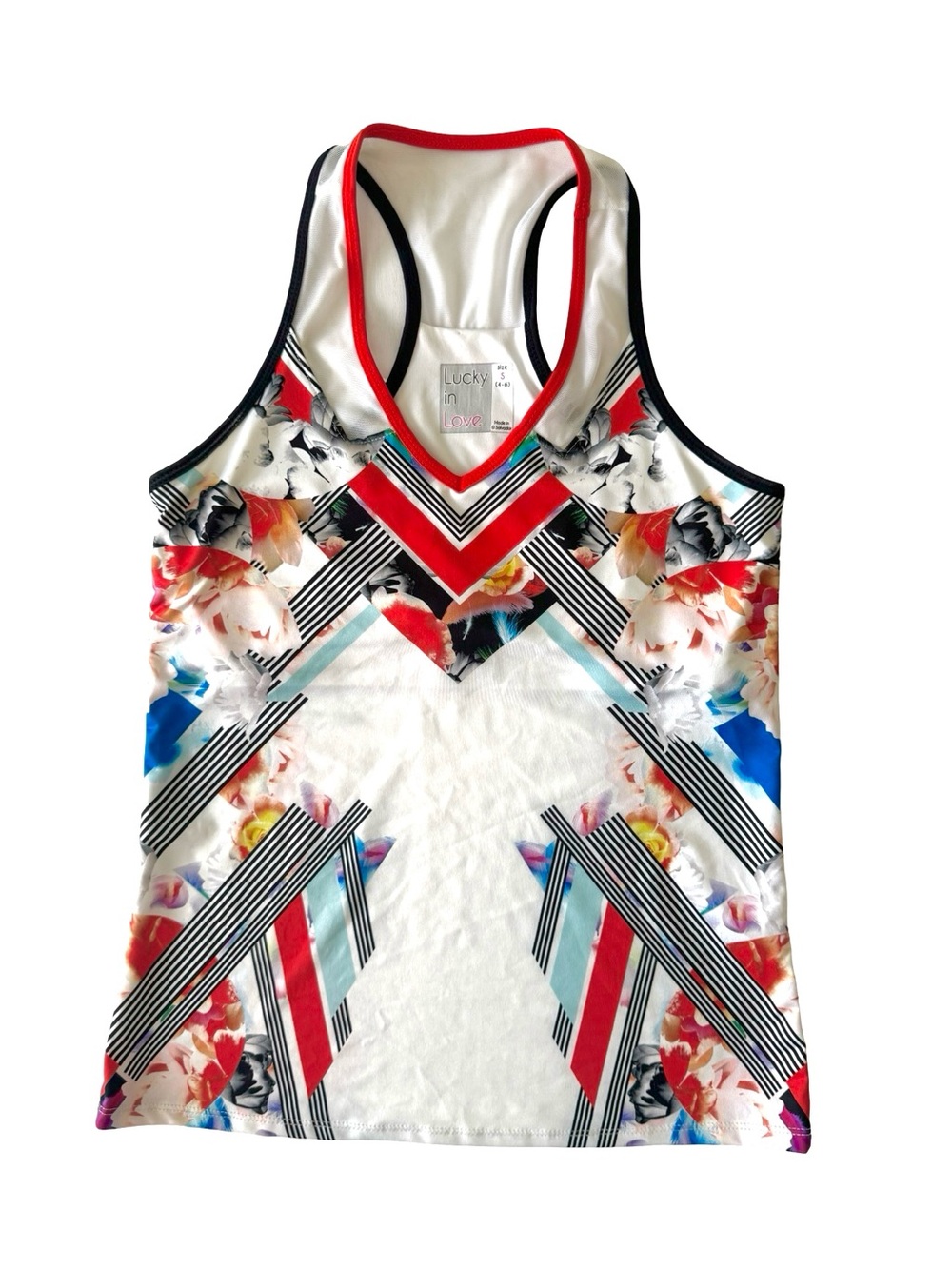 Lucky in Love Tennis Tank Top Womens S Floral Geometric Racerback Built In Bra